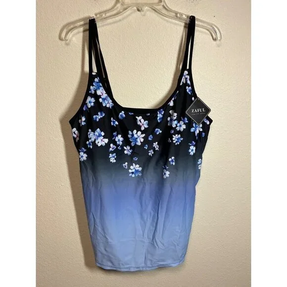 NWT Zaful Tankini Top Swimsuit Padded Floral Boho Summer Beach Blue Size 2XL - Picture 1 of 4
